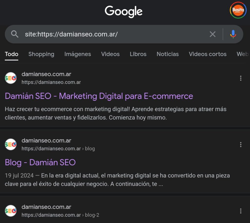 SERP de ejemplo en Damian SEO